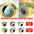 Natural coconut shell bird nest wrapped in colourful braided hemp rope with artificial leaf decor