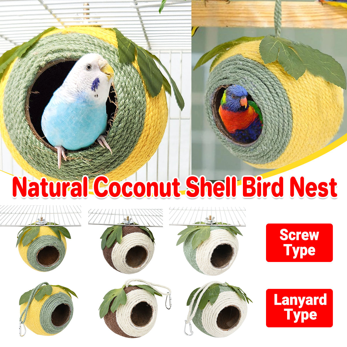 Natural coconut shell bird nest wrapped in colourful braided hemp rope with artificial leaf decor