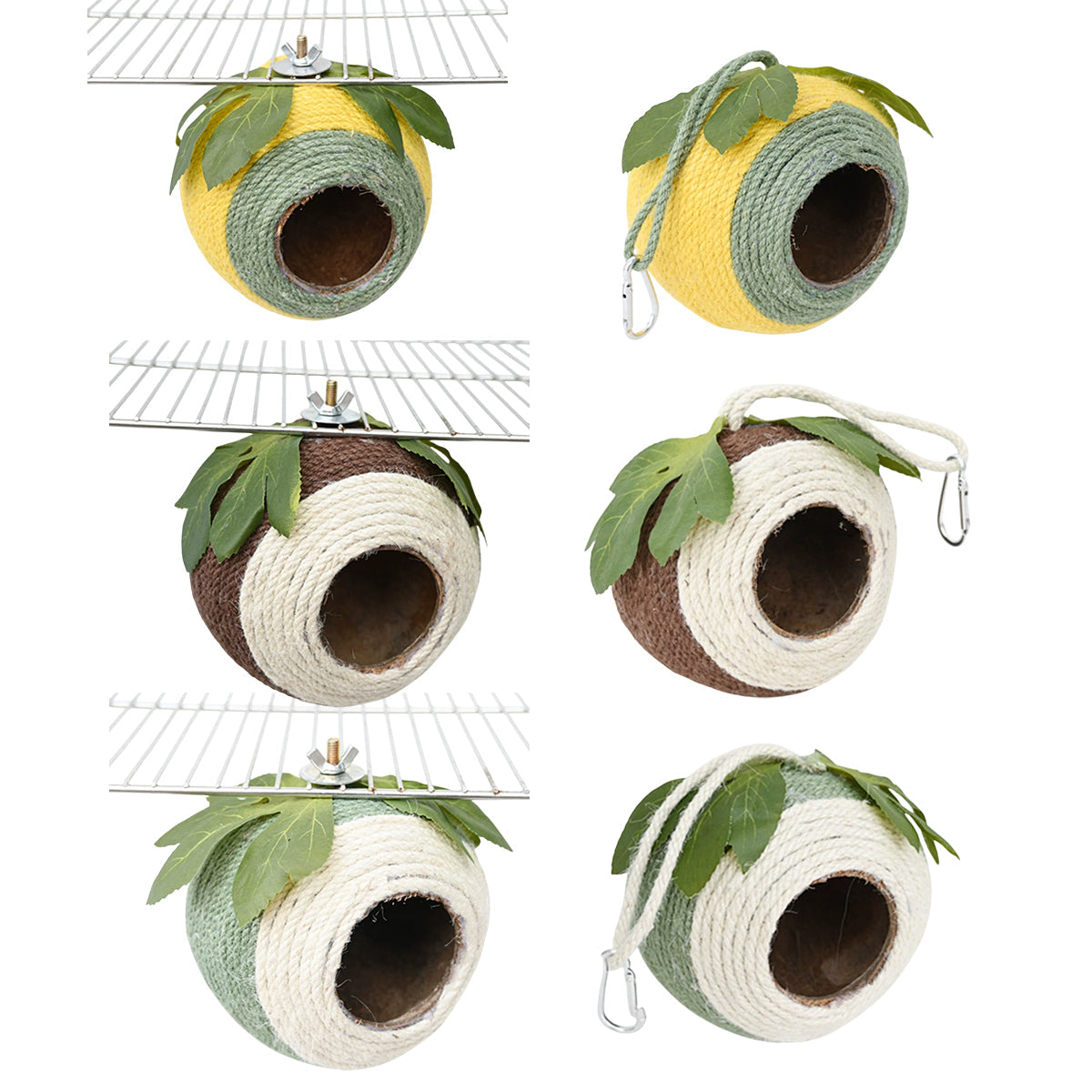Natural coconut shell bird nest wrapped in colourful braided hemp rope with artificial leaf decor — view 2