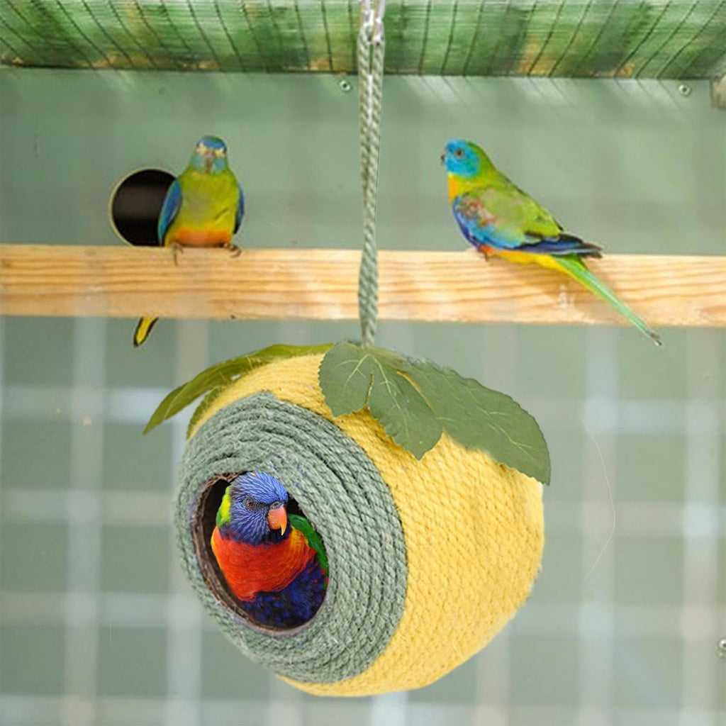 Natural coconut shell bird nest wrapped in colourful braided hemp rope with artificial leaf decor — view 4