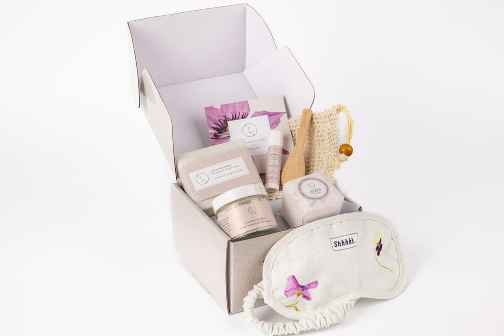 Lavender bath and body gift box with natural soap clay mask shower steamer and eye mask