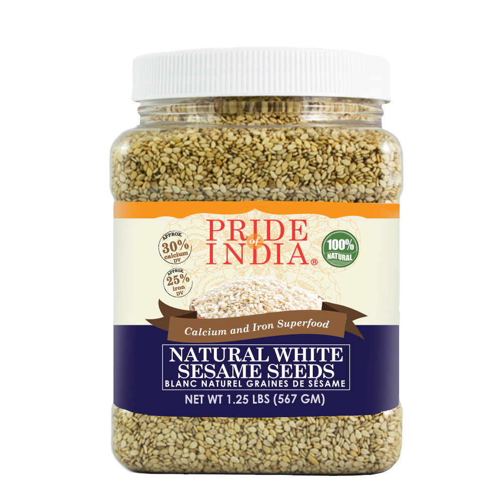 Raw unhulled white sesame seeds in a gourmet BPA-free plastic jar for baking and cooking