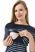 Naval maternity and nursing dress in soft viscose blend featuring discreet overlay for breastfeeding access