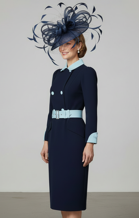 Navy blue contrast belted mother other bride dress-0