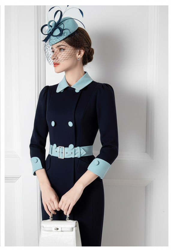 Navy blue contrast belted mother other bride dress-1