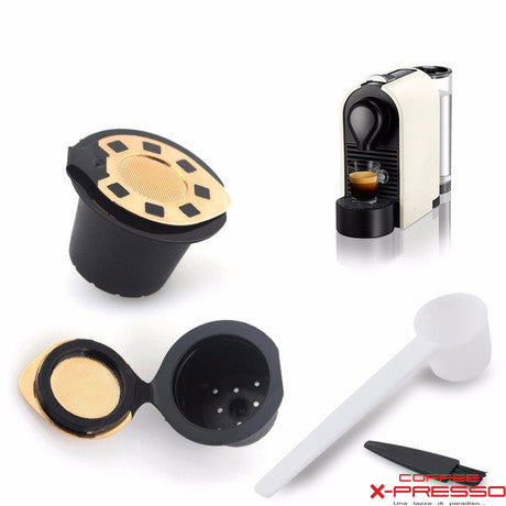 Gold refillable coffee capsule set with measuring spoon and cleaning brush for Nespresso machines