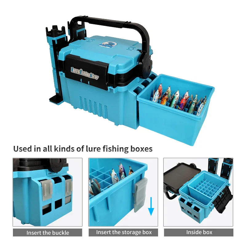 Luminous blue plastic fishing tackle box featuring 36 storage grids for organizing lures and bait — view 4