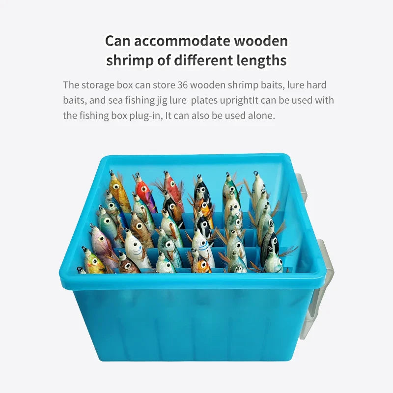 Luminous blue plastic fishing tackle box featuring 36 storage grids for organizing lures and bait — view 3