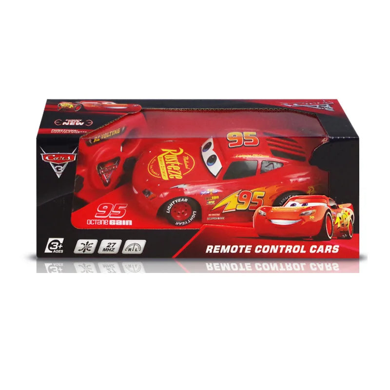 Red Lightning McQueen remote control toy car with black tires and remote controller — view 2
