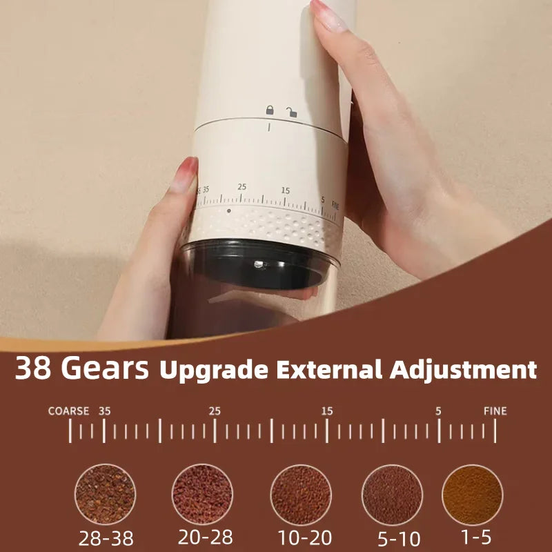 White portable rechargeable coffee grinder with LED touch screen and adjustable conical ceramic burrs — view 5