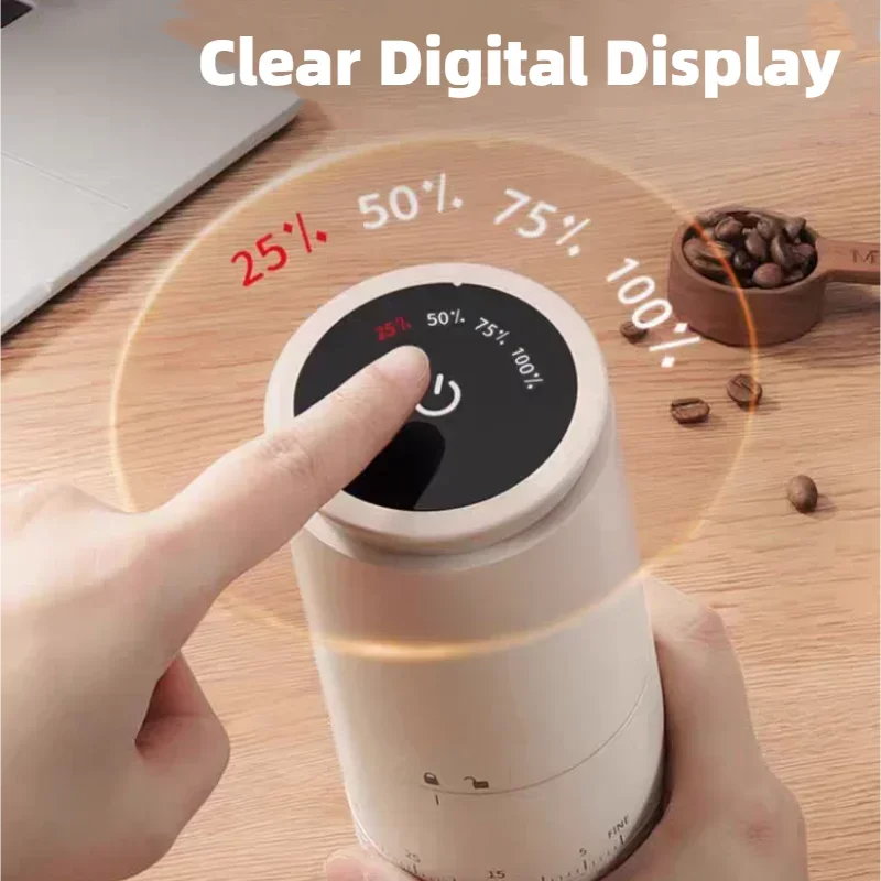 White portable rechargeable coffee grinder with LED touch screen and adjustable conical ceramic burrs — view 3