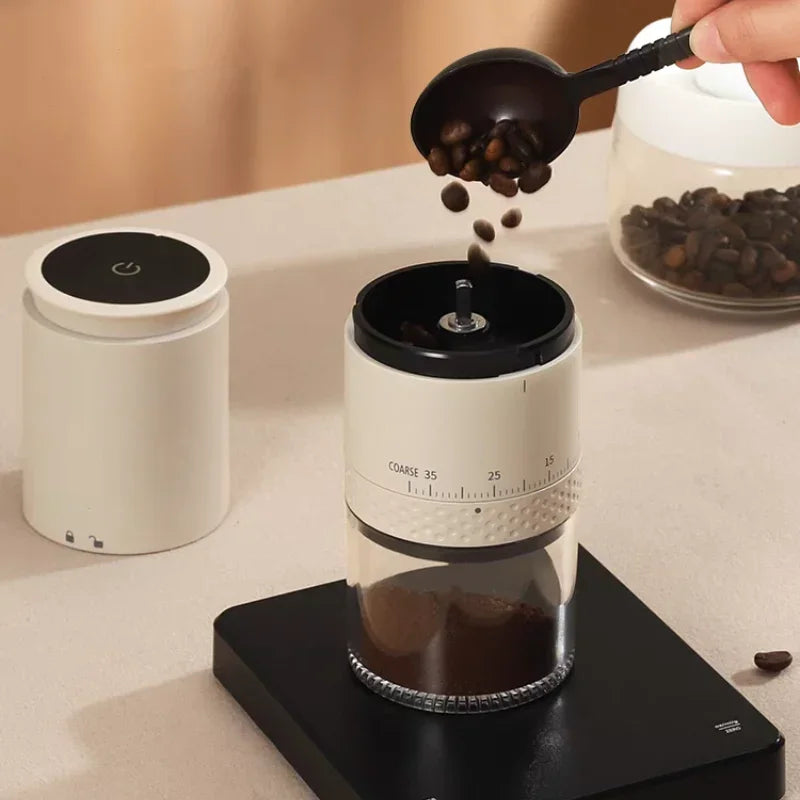White portable rechargeable coffee grinder with LED touch screen and adjustable conical ceramic burrs — view 4