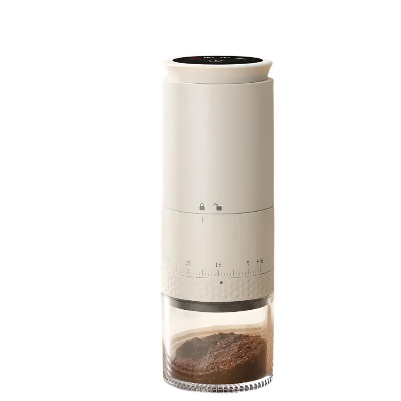 White portable rechargeable coffee grinder with LED touch screen and adjustable conical ceramic burrs