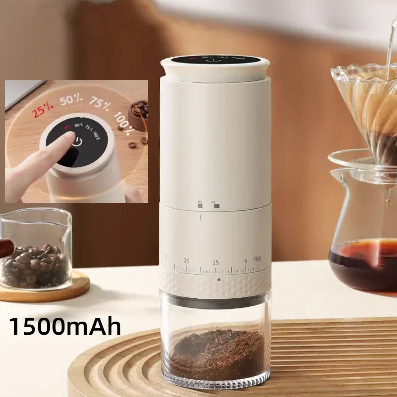 White portable rechargeable coffee grinder with LED touch screen and adjustable conical ceramic burrs — view 2