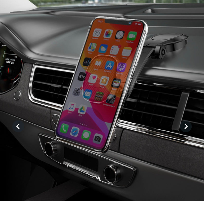 Black magnetic cell phone holder for car dashboard with adjustable neck and strong suction cup
