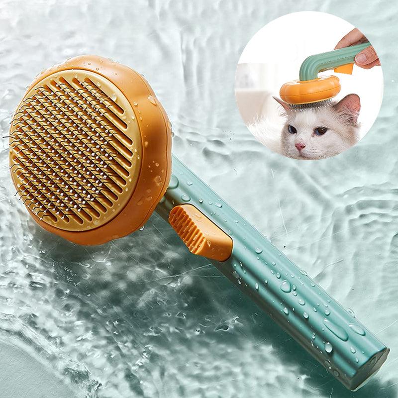 Ergonomic pet cat brush for hair removal with curved head and resin coated steel needles
