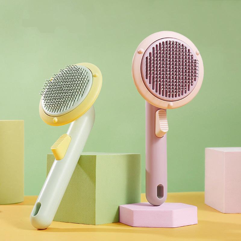 Ergonomic pet cat brush for hair removal with curved head and resin coated steel needles — view 3