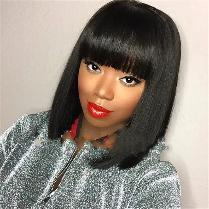 Short hair wig for women featuring stylish Qi bangs and a natural skin tone — view 3
