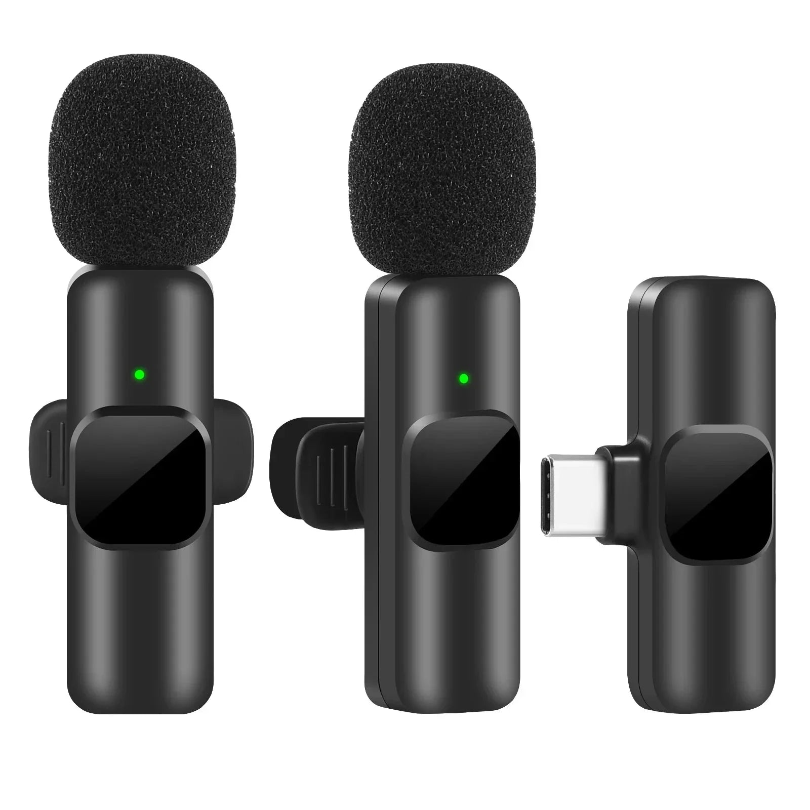 Wireless lavalier microphone in black with receiver, for mobile phones and live video recording.