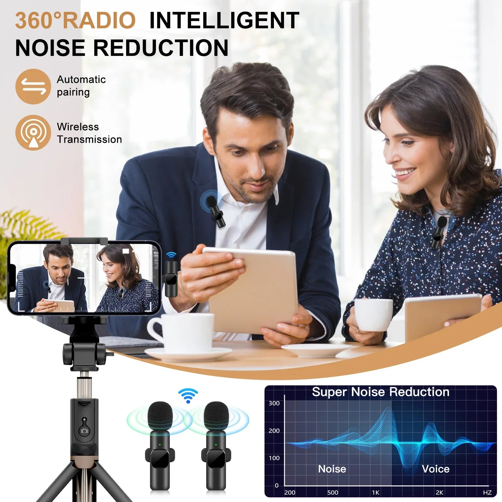 Wireless lavalier microphone in black with receiver, for mobile phones and live video recording. — view 2