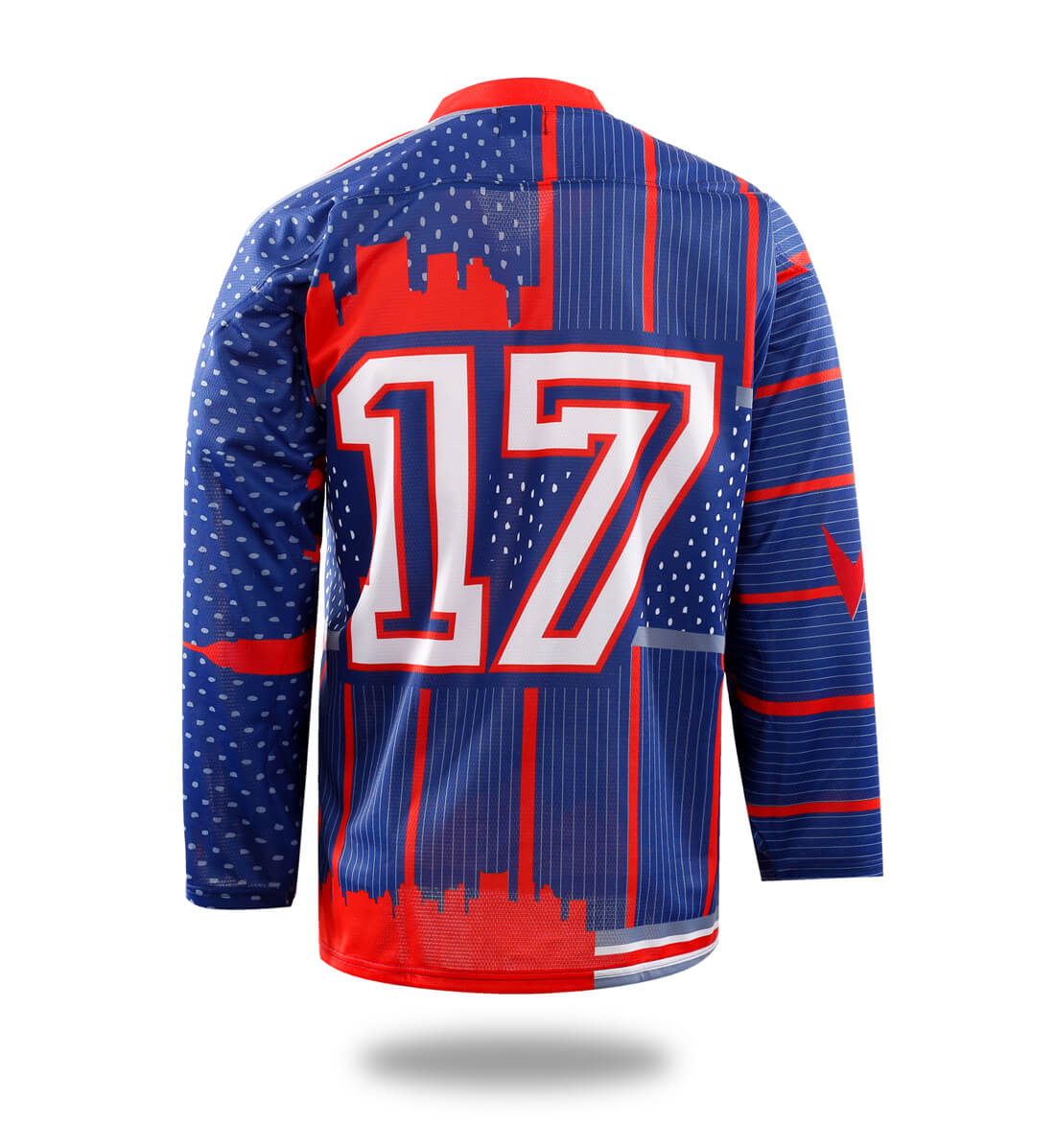 Red New York Design Hockey Jersey with long sleeves and classic V-neck silhouette — view 2
