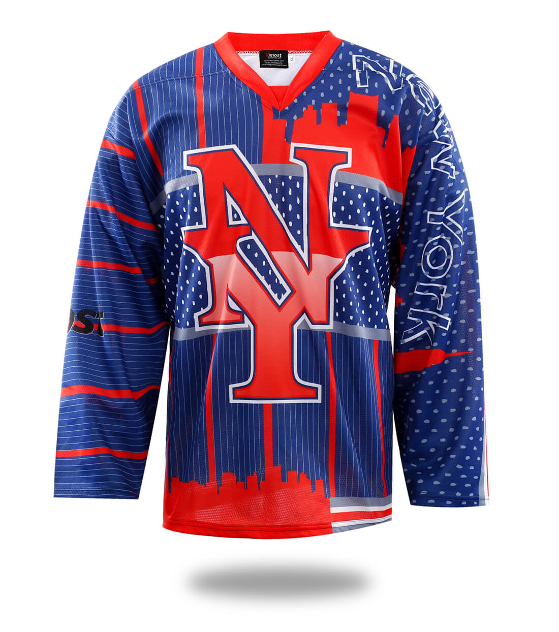 Red New York Design Hockey Jersey with long sleeves and classic V-neck silhouette