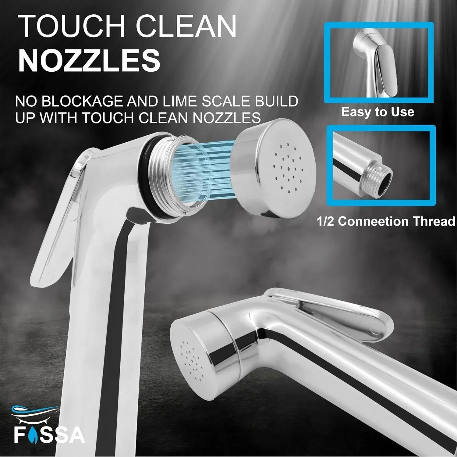 Silver toilet hand spray bidet faucet with a one meter flexible hose and wall hook — view 3