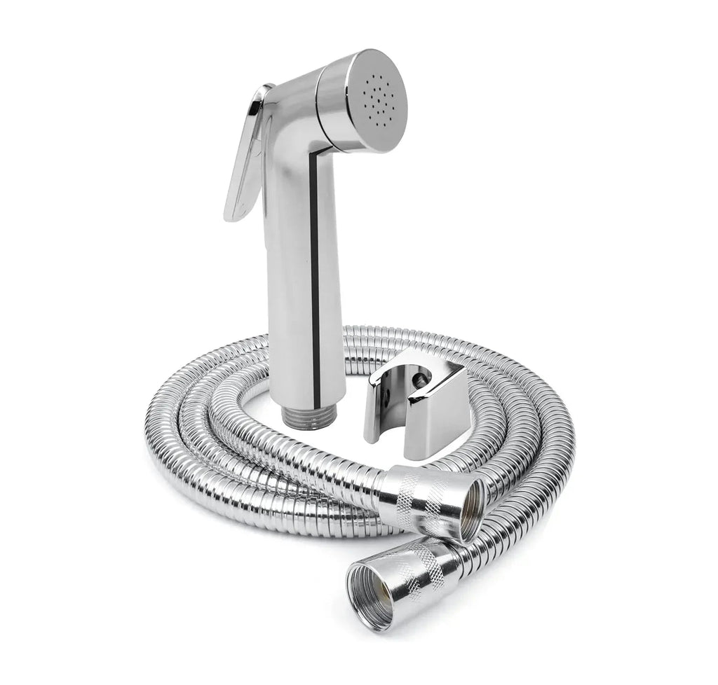 Silver toilet hand spray bidet faucet with a one meter flexible hose and wall hook
