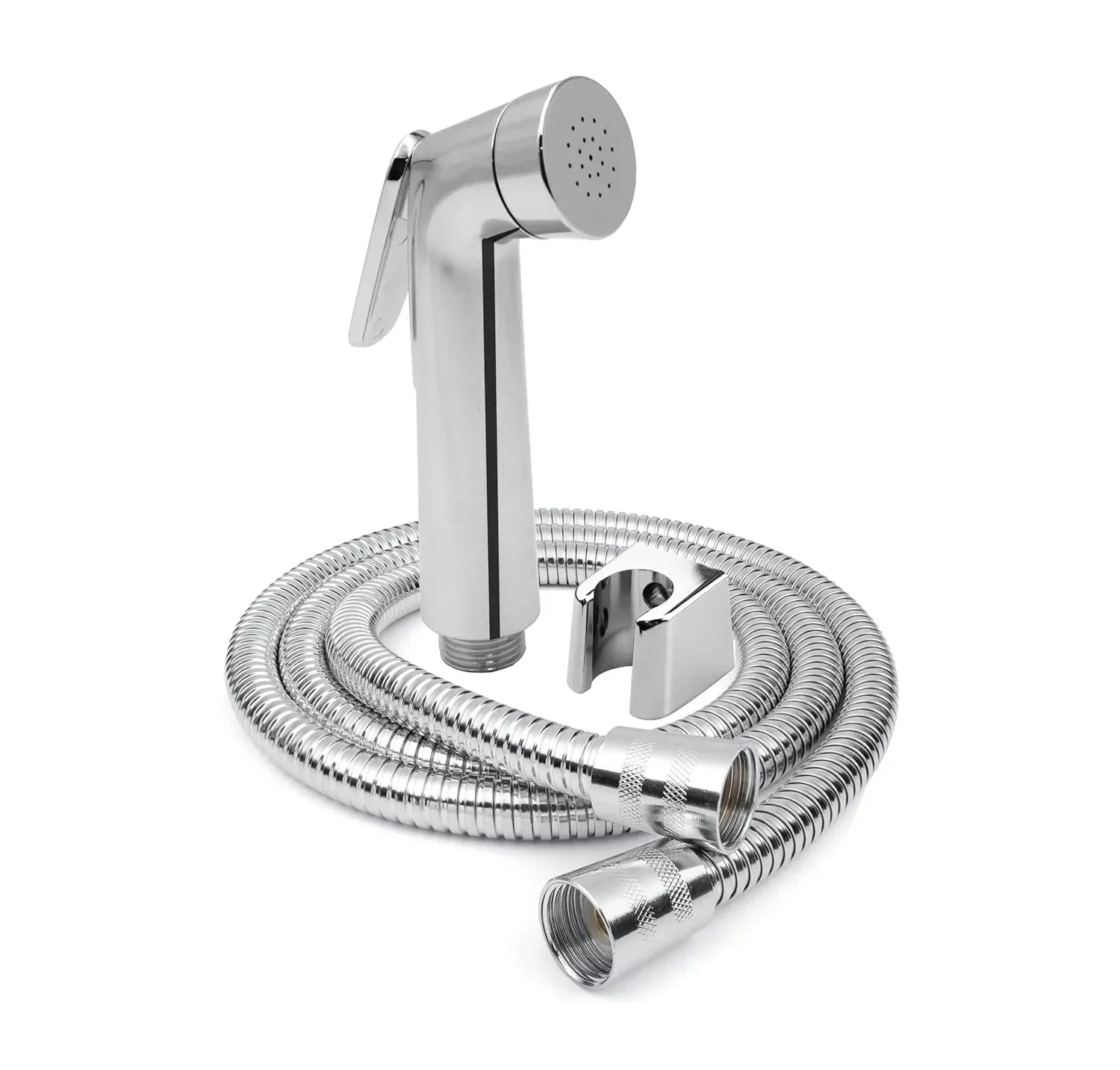 Silver toilet hand spray bidet faucet with a one meter flexible hose and wall hook