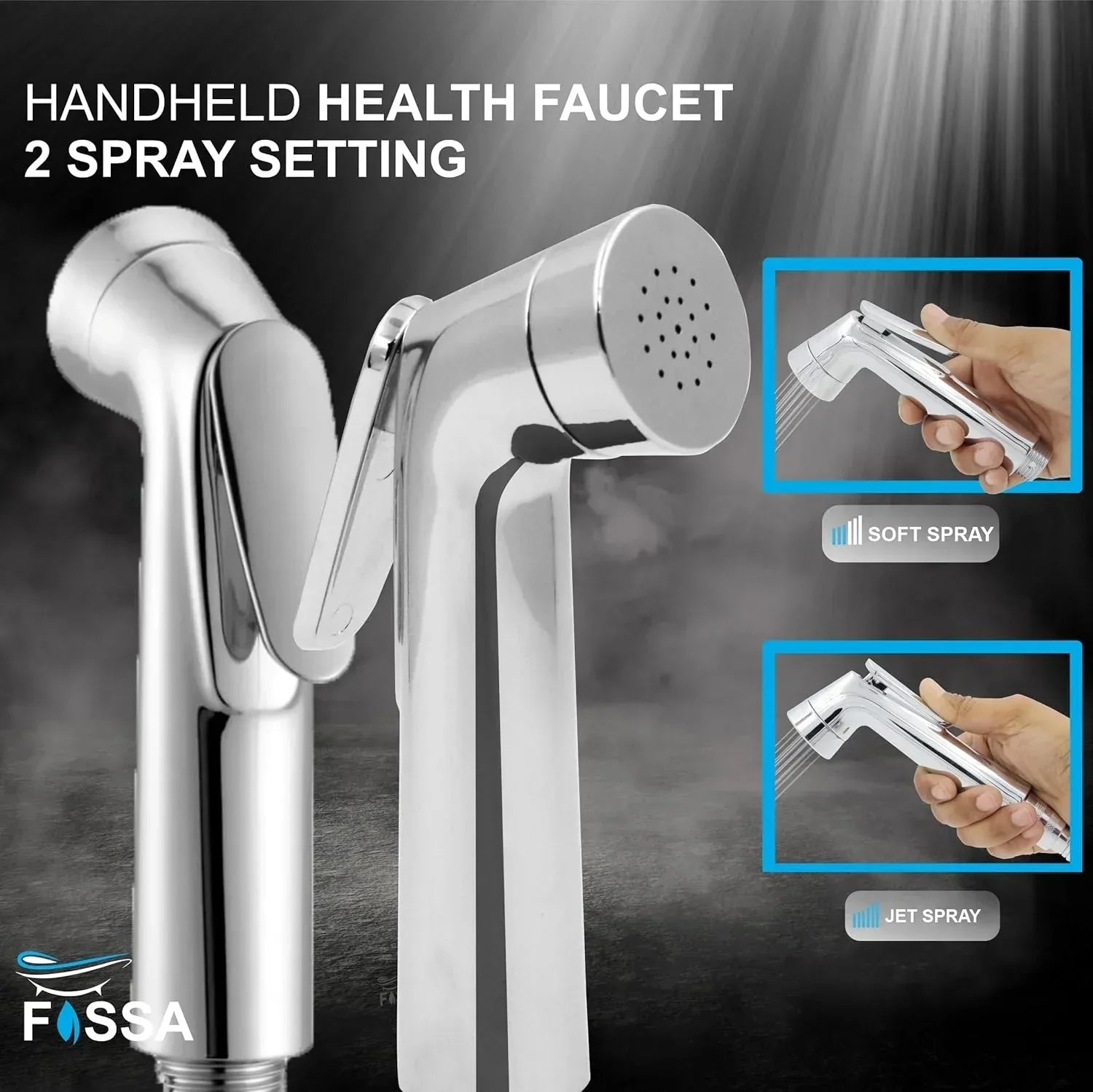Silver toilet hand spray bidet faucet with a one meter flexible hose and wall hook — view 4