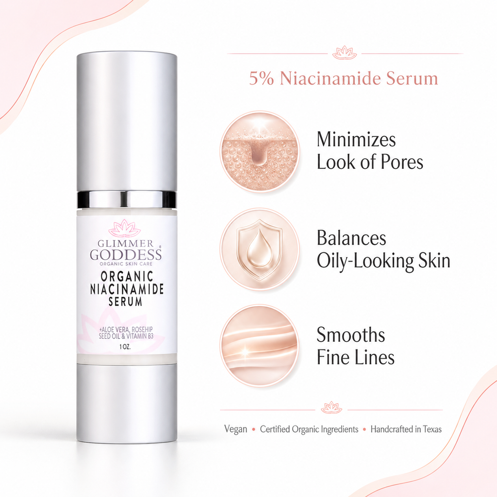 Organic 5% niacinamide anti-aging face serum in a cylindrical airless pump bottle for daily skincare