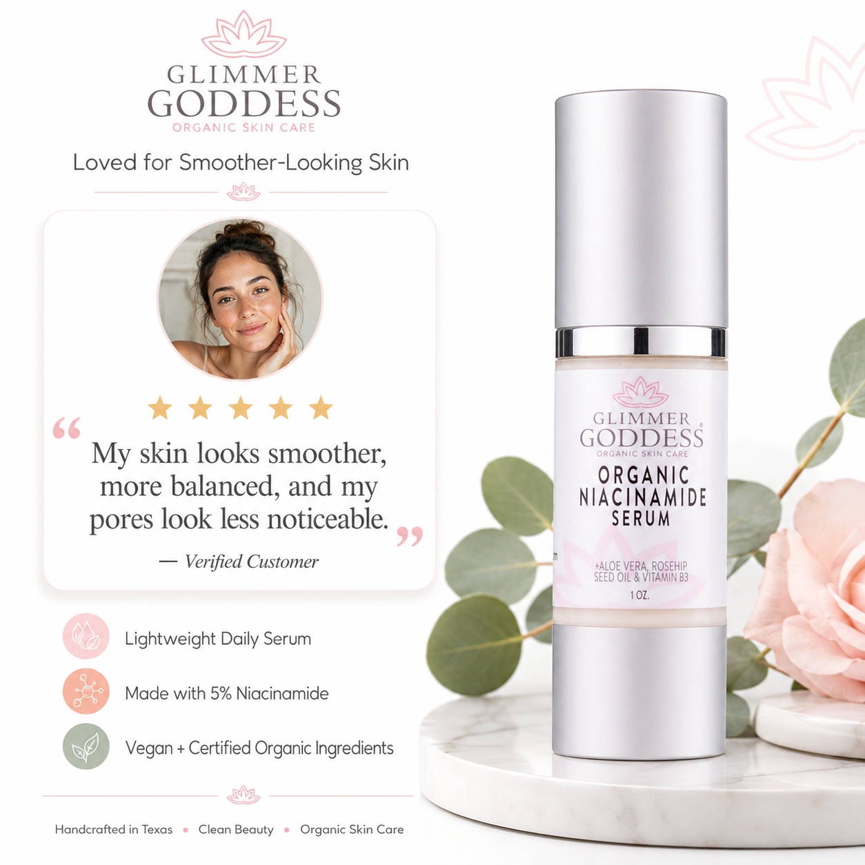 Organic 5% niacinamide anti-aging face serum in a cylindrical airless pump bottle for daily skincare — view 3