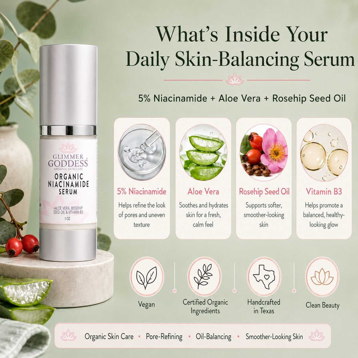 Organic 5% niacinamide anti-aging face serum in a cylindrical airless pump bottle for daily skincare — view 4