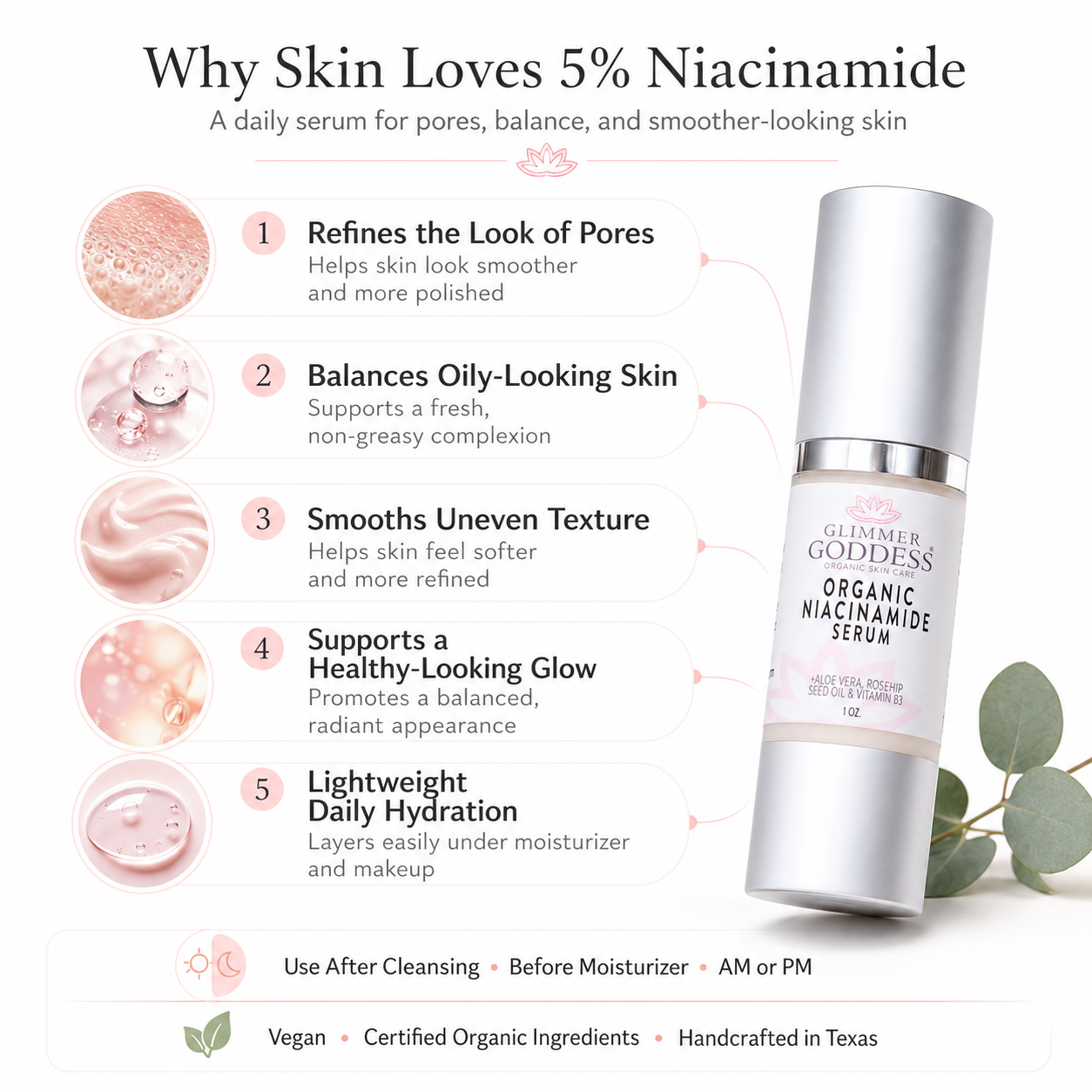 Organic 5% niacinamide anti-aging face serum in a cylindrical airless pump bottle for daily skincare — view 5