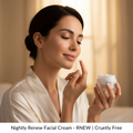 Nightly Renew Facial Cream jar, white moisturizing anti-aging lotion for skin renewal.