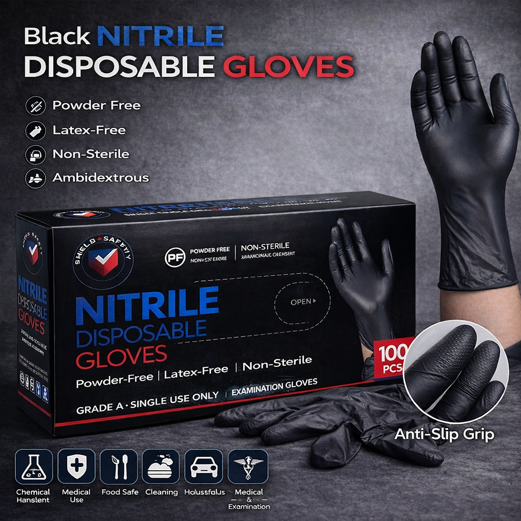Black Nitrile Disposable Gloves – Powder Free, Latex Free, Heavy Duty Industrial & Food Safe Gloves 500 PCs-1