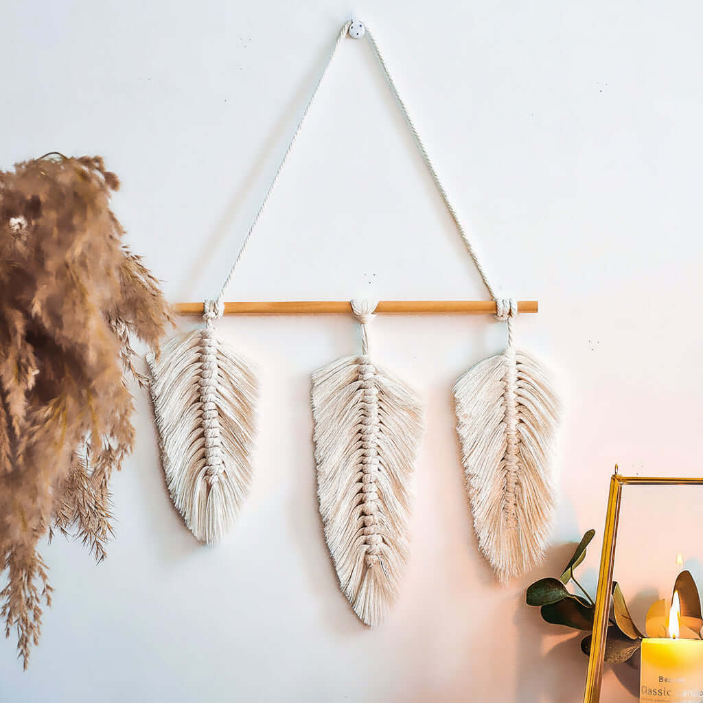 Nordic boho woven wall hanging made of soft cotton with leaf and crescent macrame design