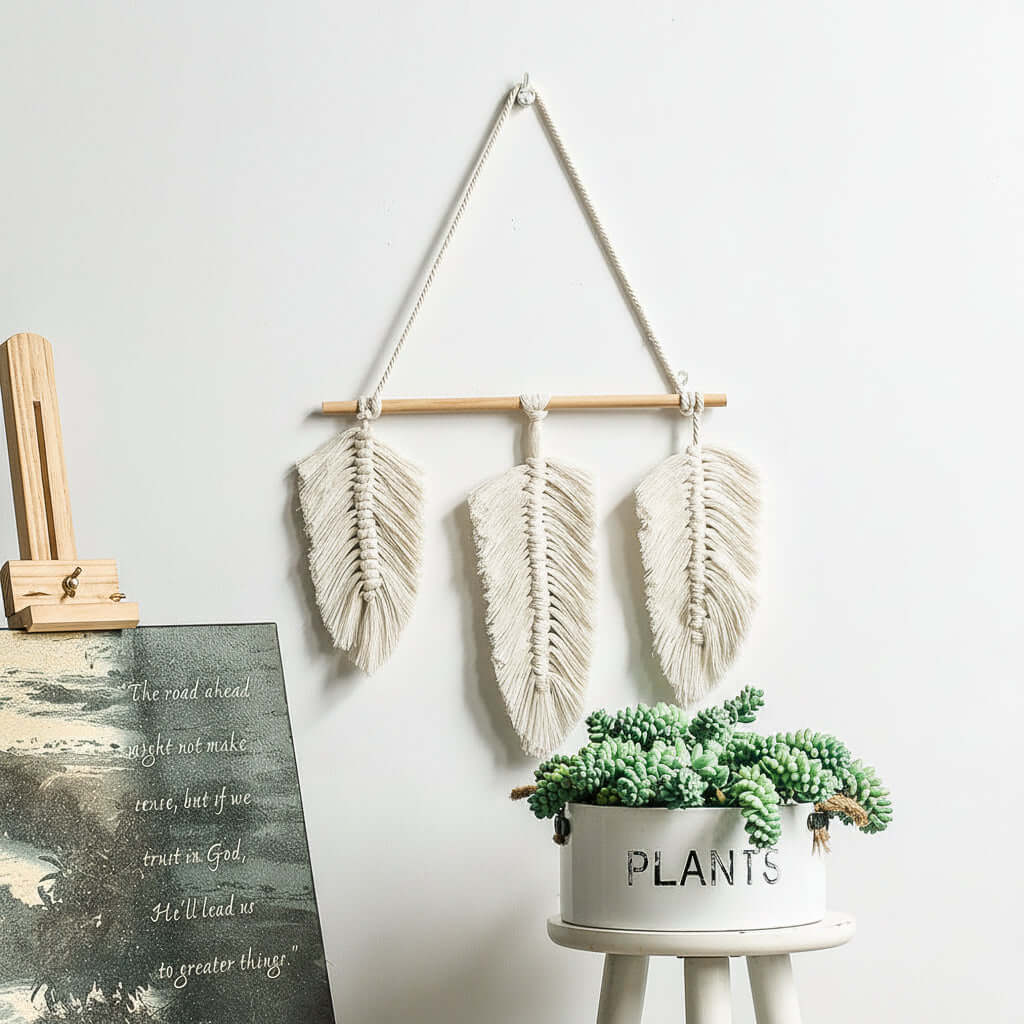 Nordic boho woven wall hanging made of soft cotton with leaf and crescent macrame design — view 3