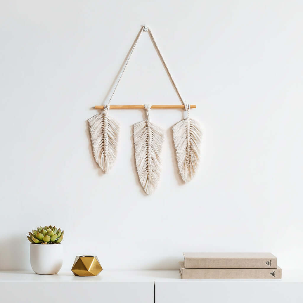 Nordic boho woven wall hanging made of soft cotton with leaf and crescent macrame design — view 4