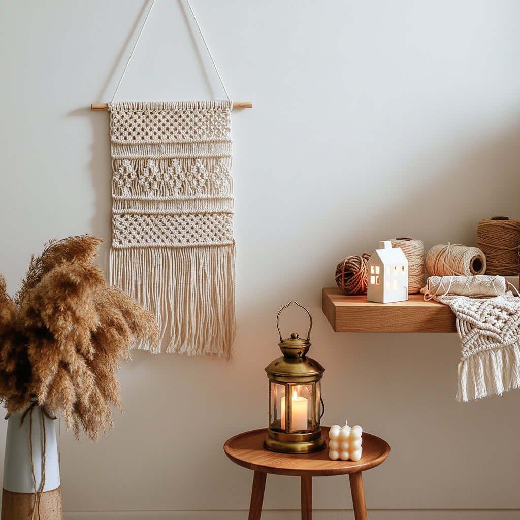 Nordic boho woven wall hanging made of soft cotton with leaf and crescent macrame design — view 5