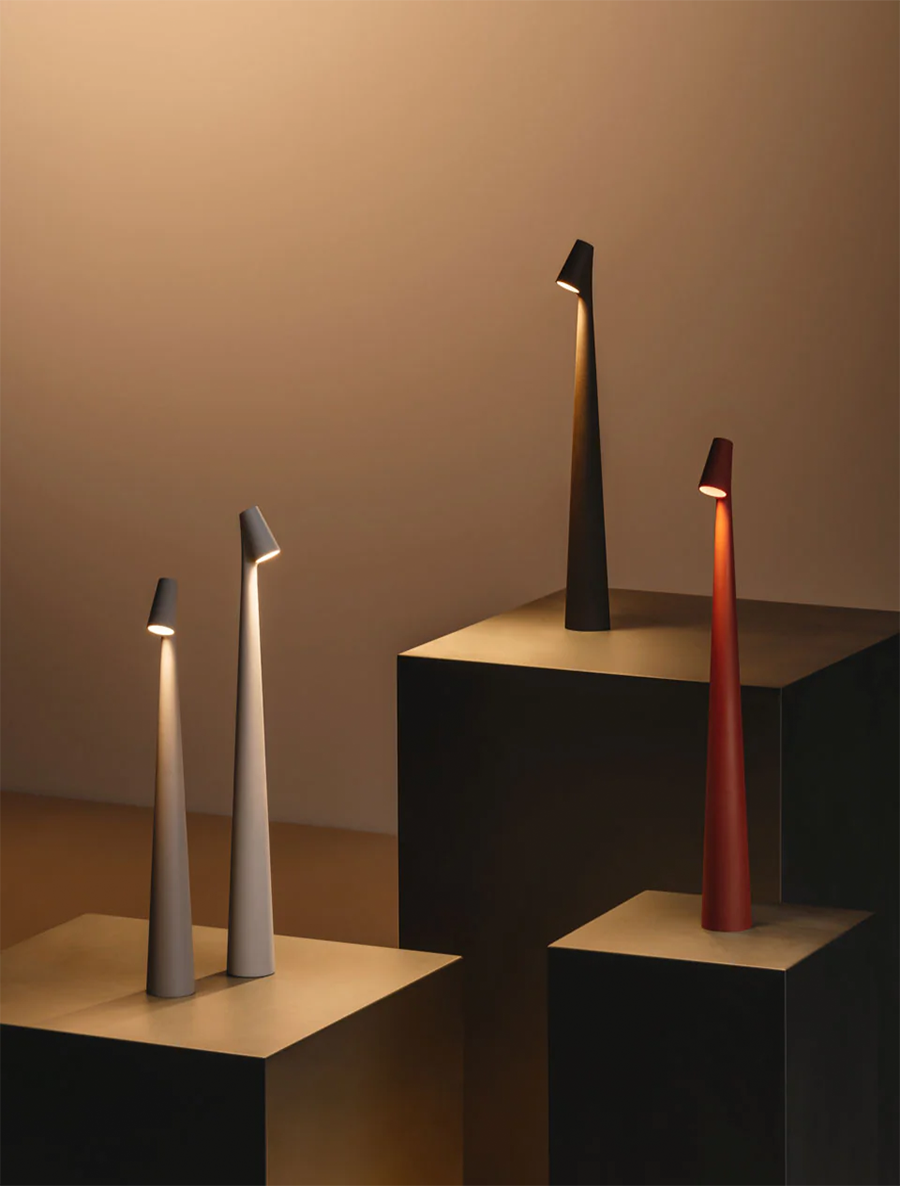 Nordic portable table lamp in matte aluminum tall sculptural design with warm ambient LED glow — view 2