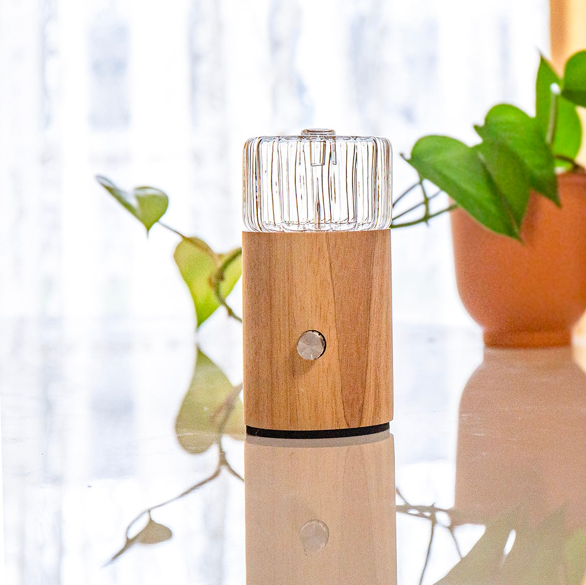 NOVA Ezy waterless essential oil diffuser with hand blown glass reservoir and natural blonde wood base
