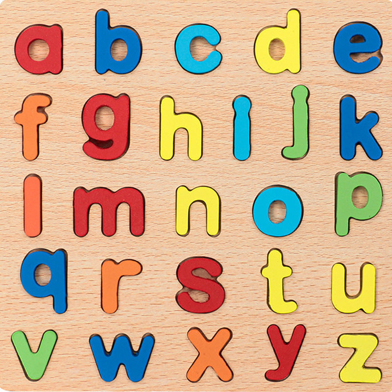 Wooden numbers and letters cognitive pairing puzzle board with colorful shape sorting pieces — view 2