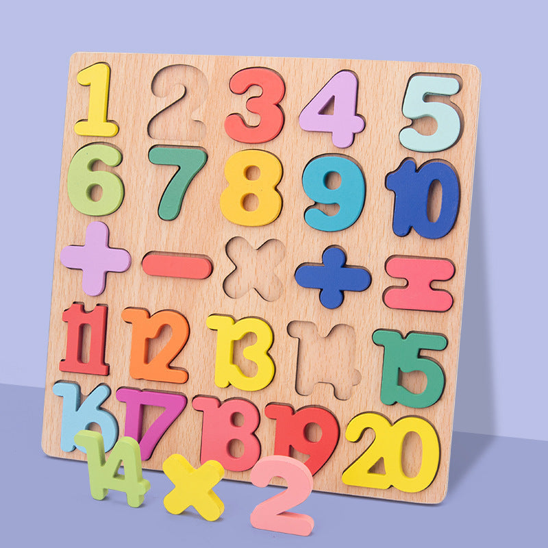 Wooden numbers and letters cognitive pairing puzzle board with colorful shape sorting pieces — view 3