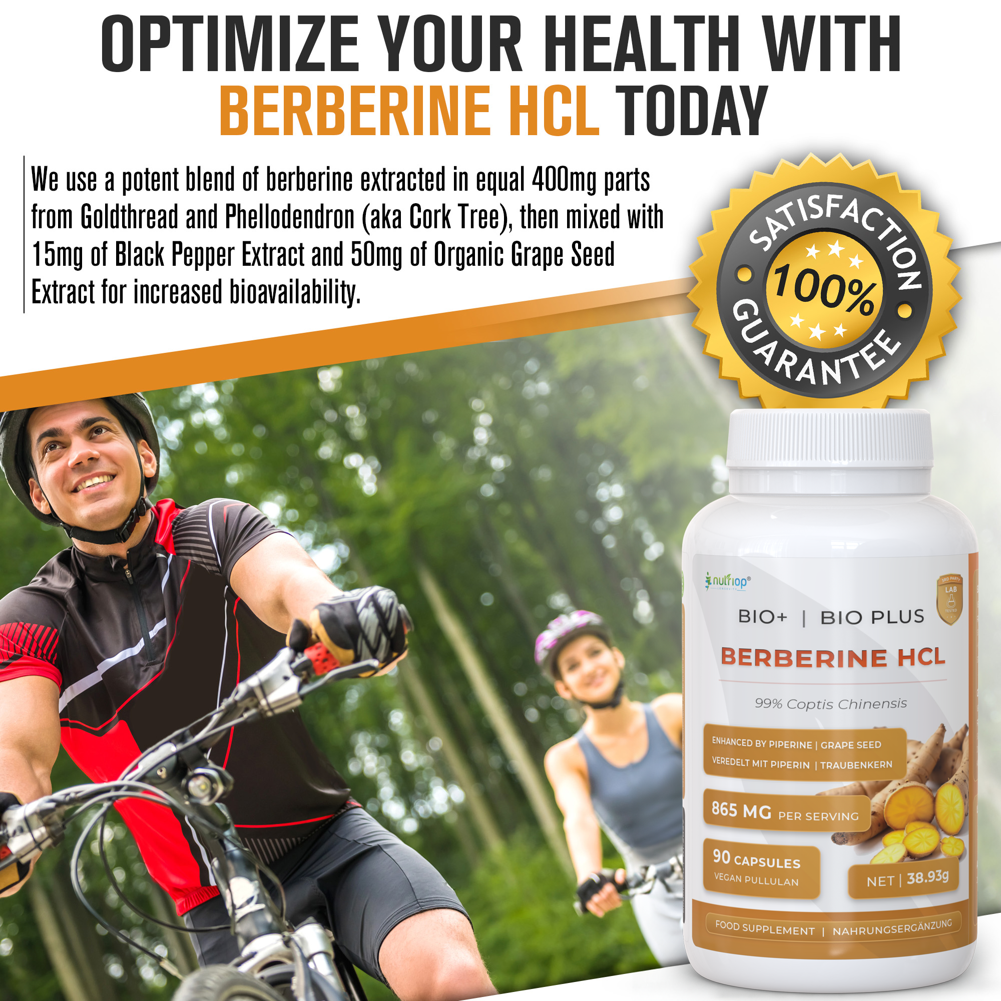 Nutriop Bio-Enhanced Berberine HCL 865mg bottle with vegan capsules for daily metabolic support — view 5