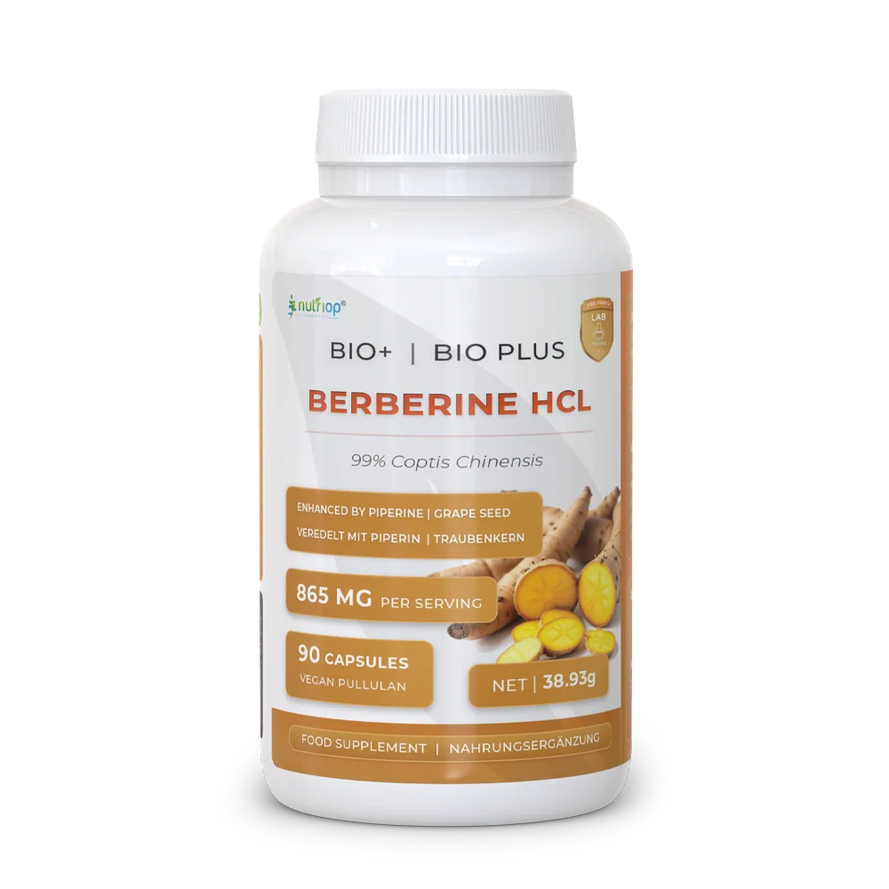 Nutriop Bio-Enhanced Berberine HCL 865mg bottle with vegan capsules for daily metabolic support