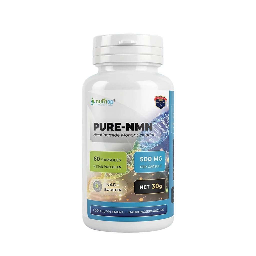 Nutriop Pure-NMN 500mg bottle with 60 capsules, premium dietary supplement for cellular energy