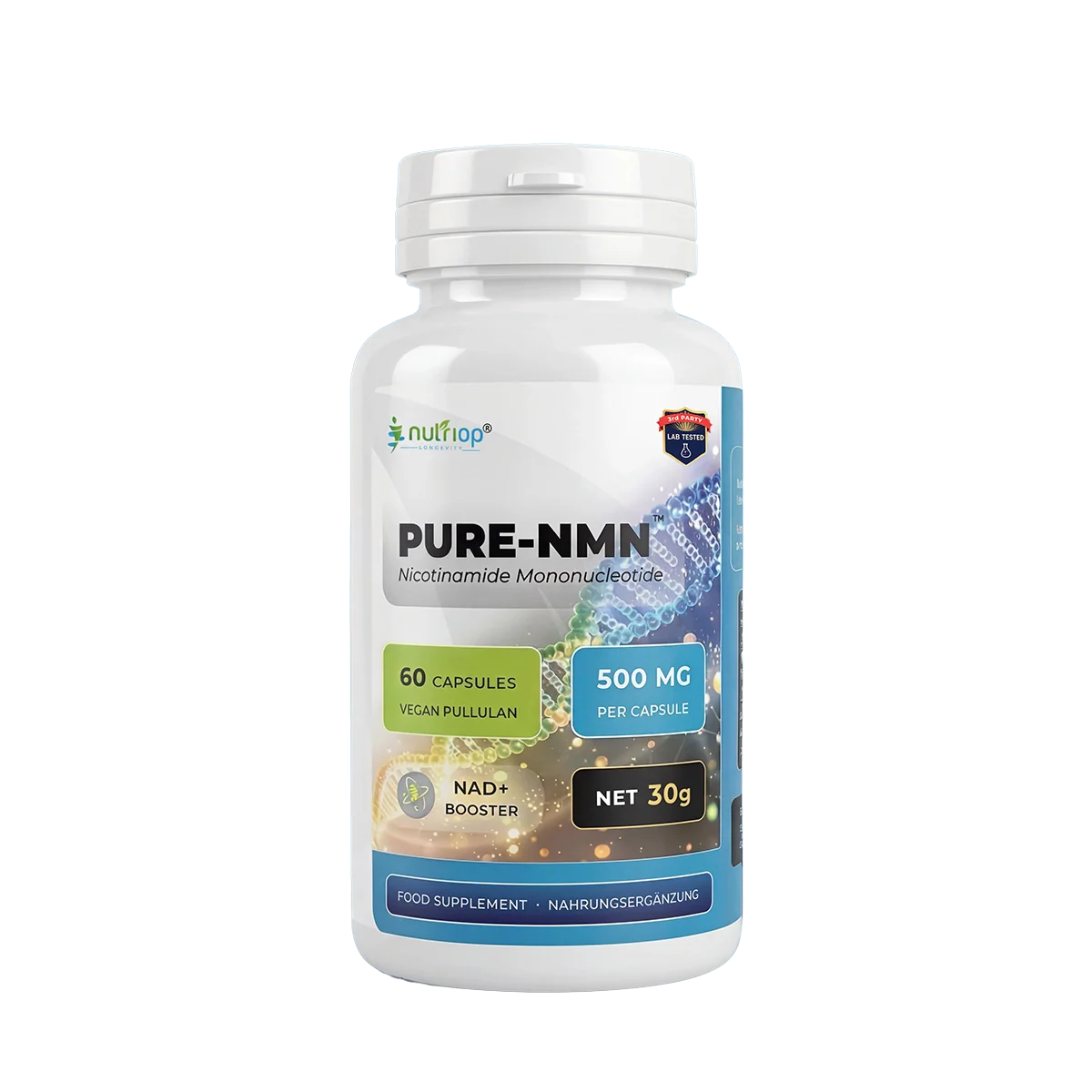 Nutriop Pure-NMN 500mg bottle with 60 capsules, premium dietary supplement for cellular energy