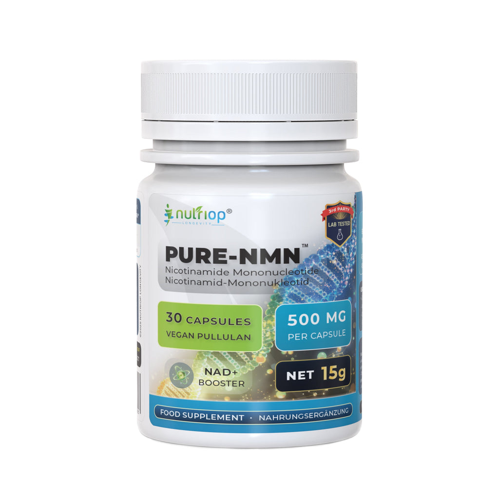 Pure NMN 500mg dietary supplement capsules in a branded Nutriop Longevity bottle