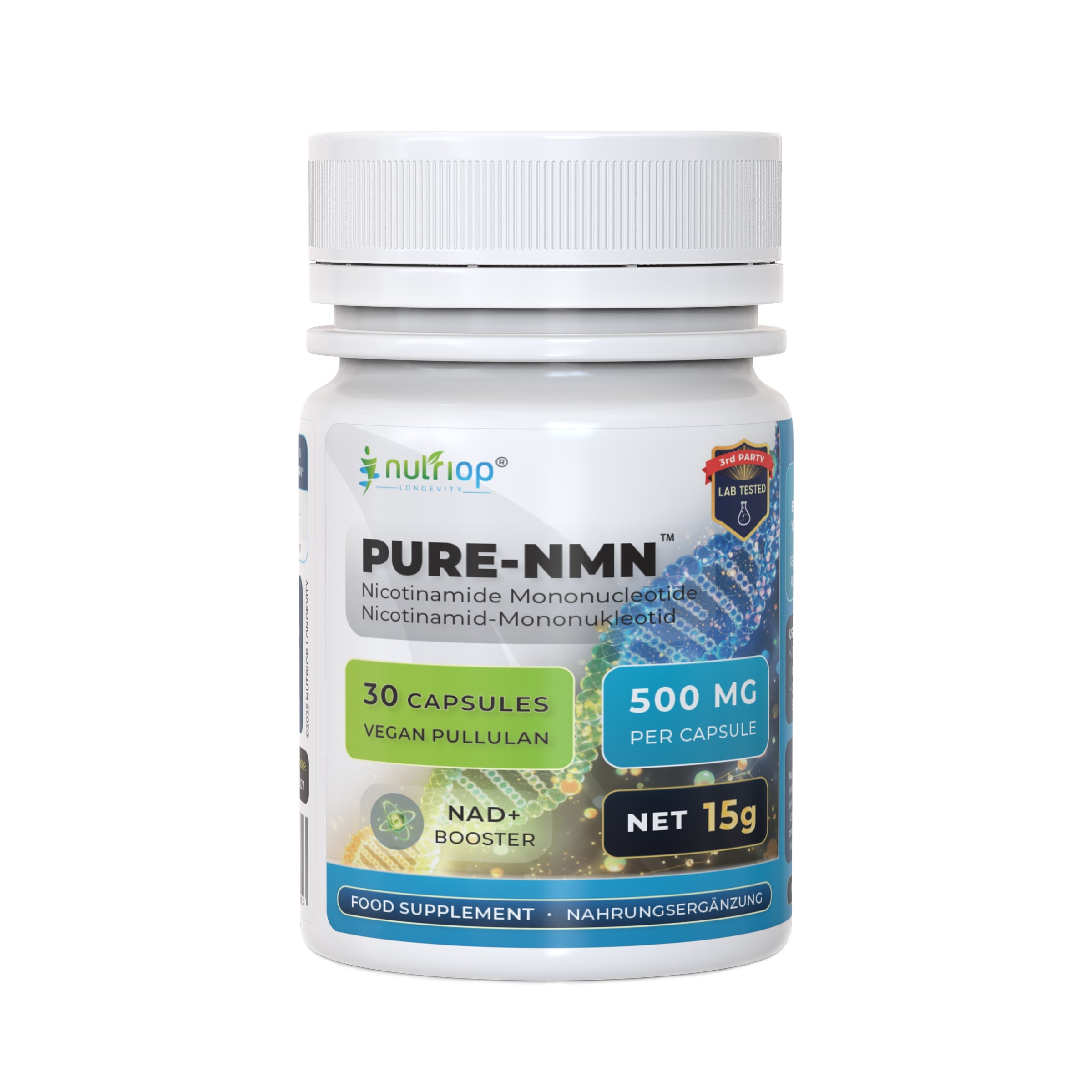 Pure NMN 500mg dietary supplement capsules in a branded Nutriop Longevity bottle